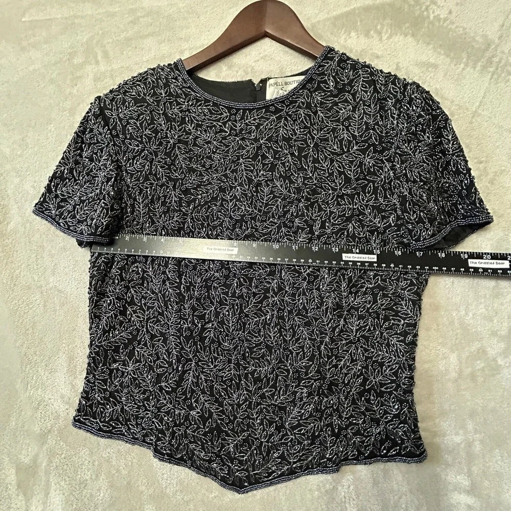 Adrianna Papell Silk‎ Top Formal Black Beaded Medium Embellished Zip Fairy Goth